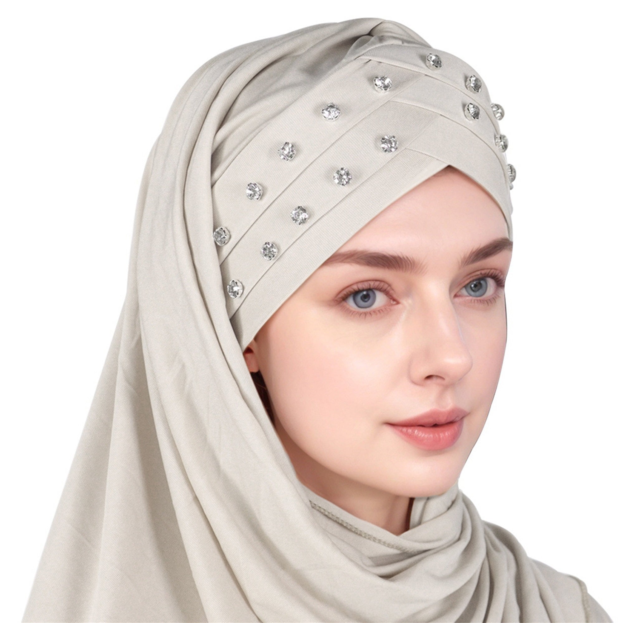 1pc Elegant Women's Polyester Hijab Scarf with Crystal Embellishments, Forehead Cross Design, Fashionable Long Shawl Head Wrap for All Seasons, Head Scarf