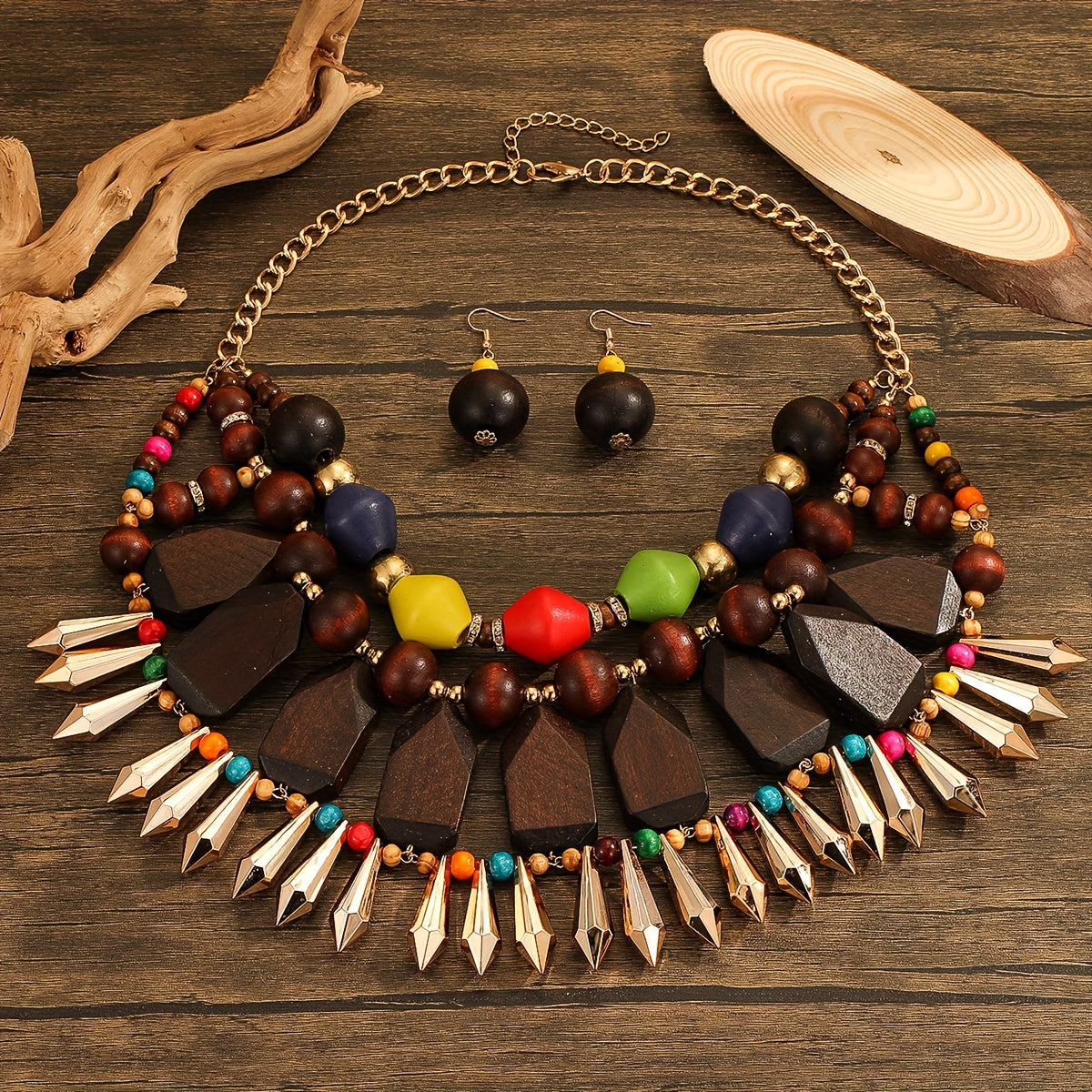 European and n fashion personality exaggerated Middle East vacation retro heavy manufacturing bohemian ball multi-layer design hand-woven wooden accessories necklace earrings 3pcs set