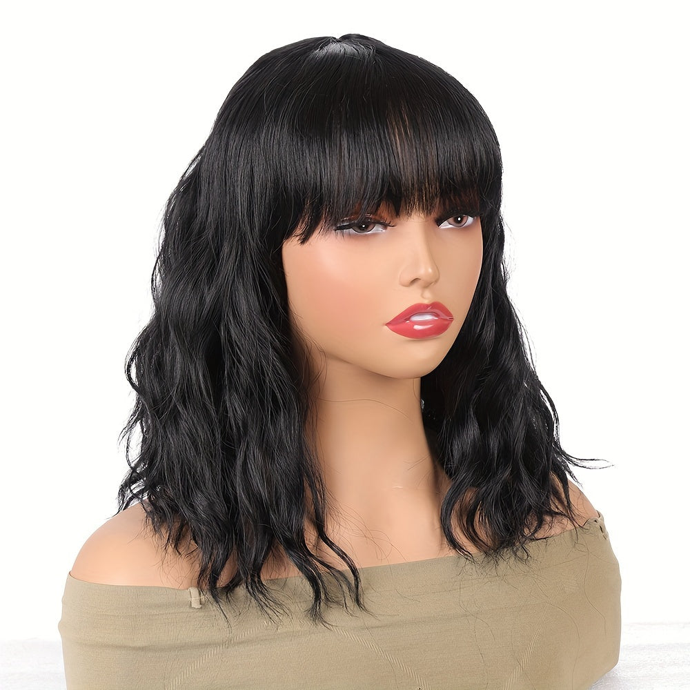 Short Curly Bob Cut Synthetic Wig with Bangs for Women, Elegant Water Wave Style, High Temperature Fiber, 130% Density, Heat Resistant, Rose Net Cap, Combs and Adjustable Straps for Africans