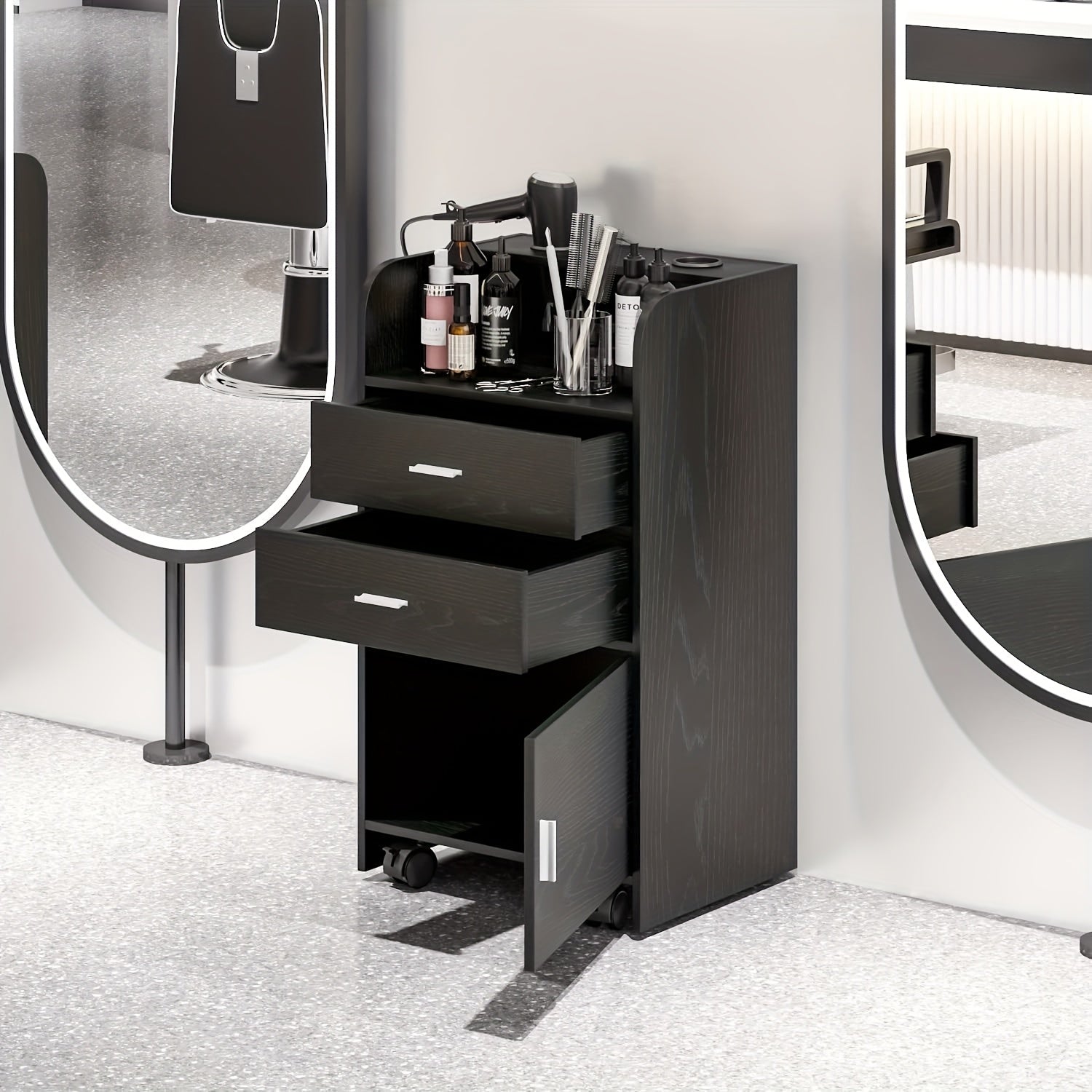 Black Salon Station Storage Cabinet - 2 Drawer Rolling Beauty Station with 2 Hair Dryer Holders Locker for Hair Stylist