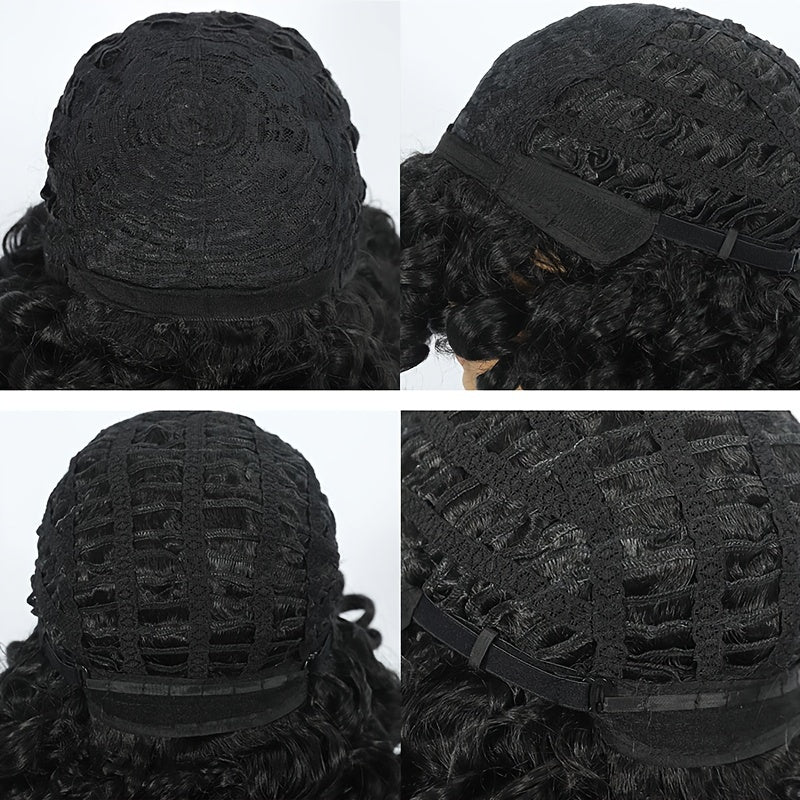 1pc High Temperature Fiber Unisex Afro Kinky Curly Wig, Glueless Rose Net Cap, Synthetic Short Hair with Bangs for Daily Wear