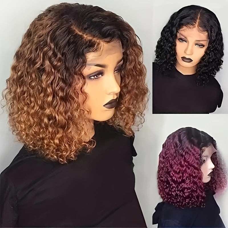 Elegant Ombre Bob Wig for Women - Short Curly Synthetic Hair with Rose Net Cap, 100% Density