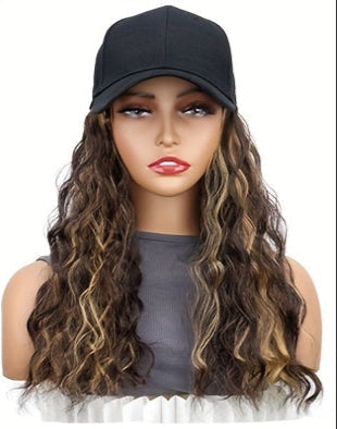 Women's Sports Style Baseball Cap Wig, Water Wave Curly Short Bob