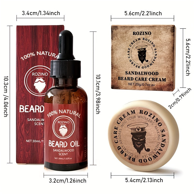 ROZINO 3pcs Beard Care Set: 100% Natural Sandalwood Scented Cream, Moisturizing Serum & Balm - Hypoallergenic, Deep Cleansing & Nourishing, Easy to Use for a Shiny, Healthy Beard, Beard Grooming Kit