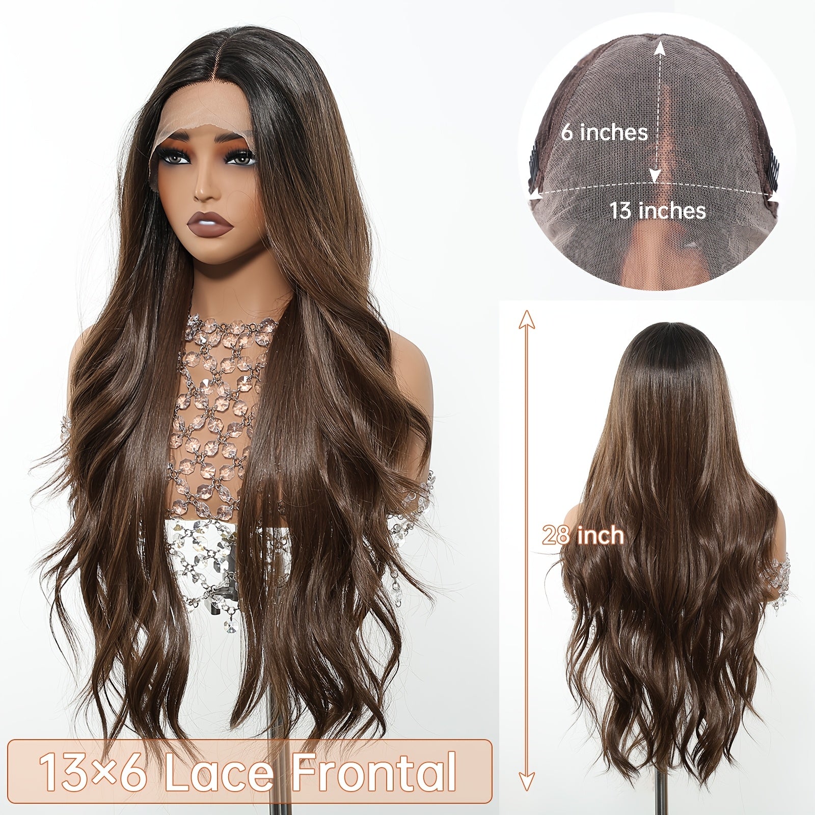 Elegant Body Wave 28-Inch 13x6 HD Transparent Lace Front, Pre-Plucked Glueless Brunette Brown Wig