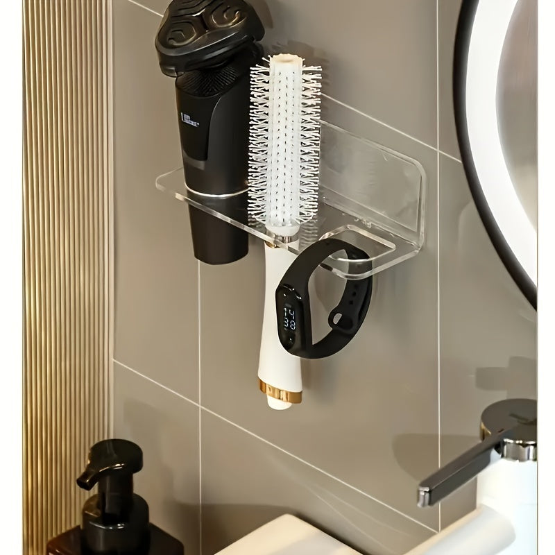 1pc Acrylic Comb Holder Wall Mount - Transparent Plastic Hair Brush Storage Organizer No-Drill - Vanity Bathroom Accessory, Holds Multiple Brushes and Combs, Electricity-Free Convenience