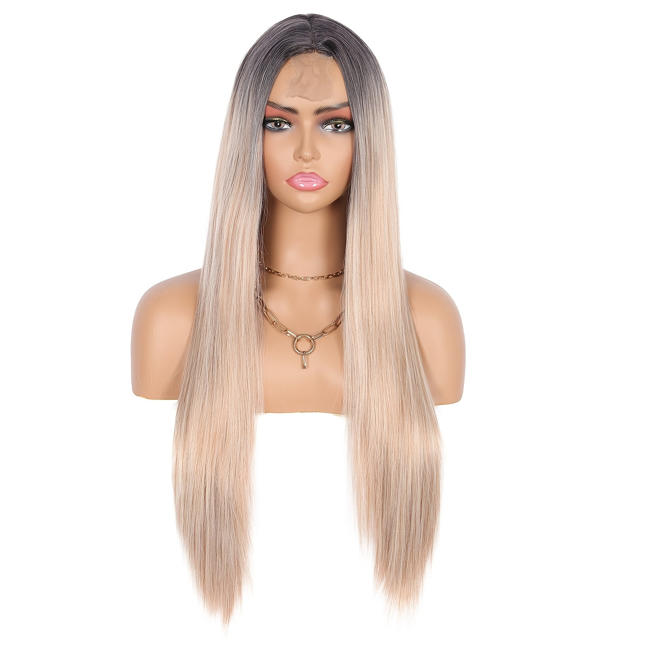 Elegant 28" Long Straight Synthetic Wig for Women - White to Pink Ombre, Middle Part, High-Density 150% with Rose Net Cap, Versatile Styling Options, Ideal for Christmas and Everyday Elegance, Wig Accessories