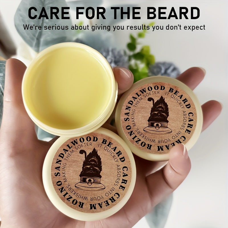 ROZINO 3pcs Beard Care Set: 100% Natural Sandalwood Scented Cream, Moisturizing Serum & Balm - Hypoallergenic, Deep Cleansing & Nourishing, Easy to Use for a Shiny, Healthy Beard, Beard Grooming Kit