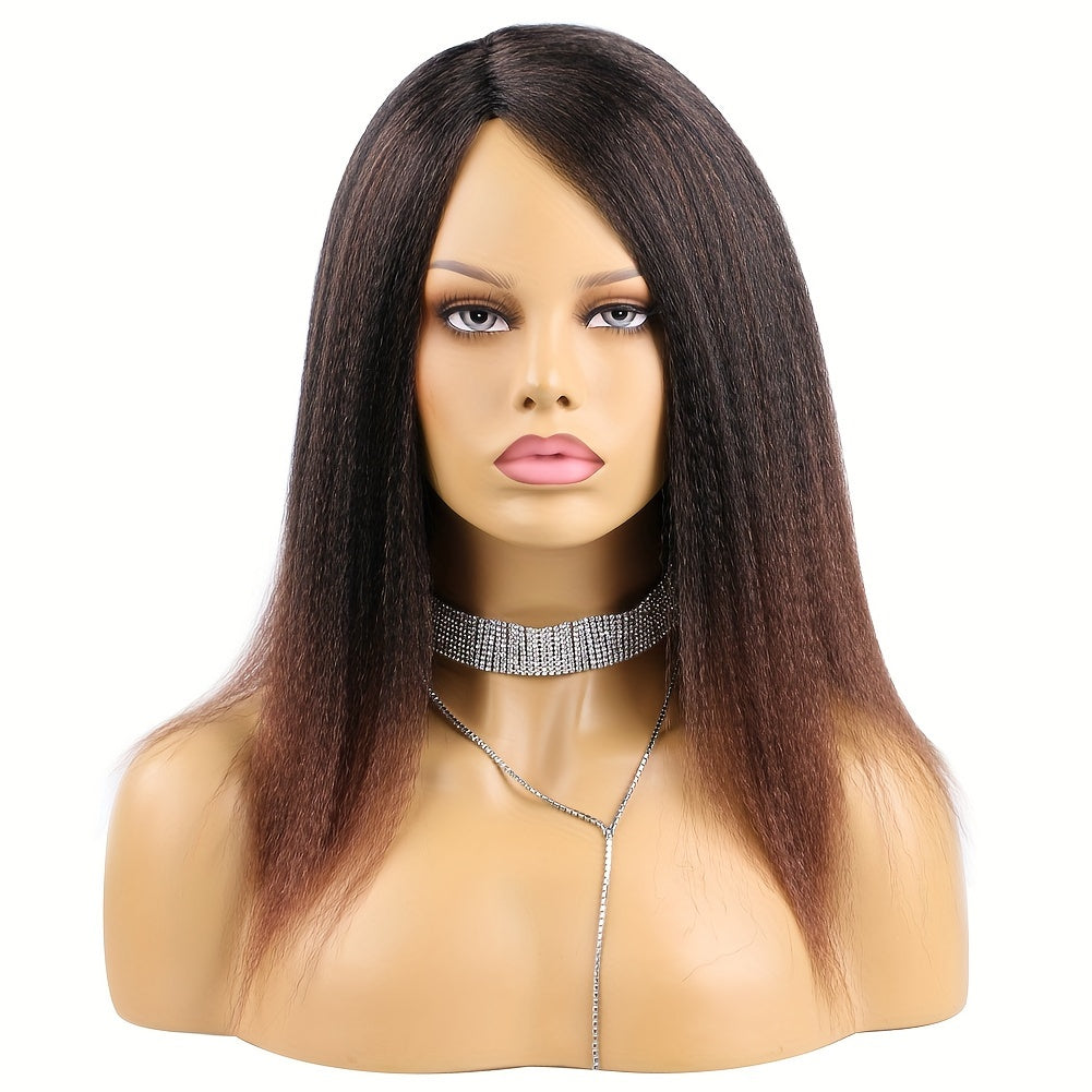 180% Density Elegant Yaki Straight Wig for Women, Synthetic Kinky Afro Hair, Medium Length 14inch, Elastic Net Cap, Natural Look, Suitable for African Women