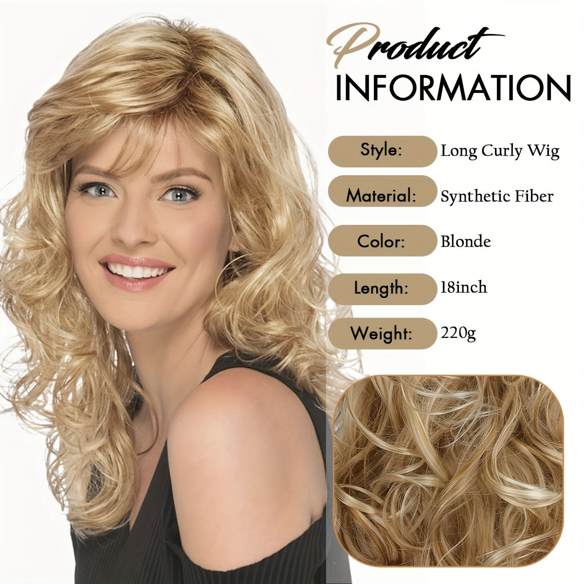 Women's Fashion Curly Wave Wig with Bangs - High Temperature Fiber, Basic 18-Inch Long Golden Synthetic Hairpiece, Breathable Rose Net Cap, 150% Density, Versatile for Daily Wear and Halloween Parties