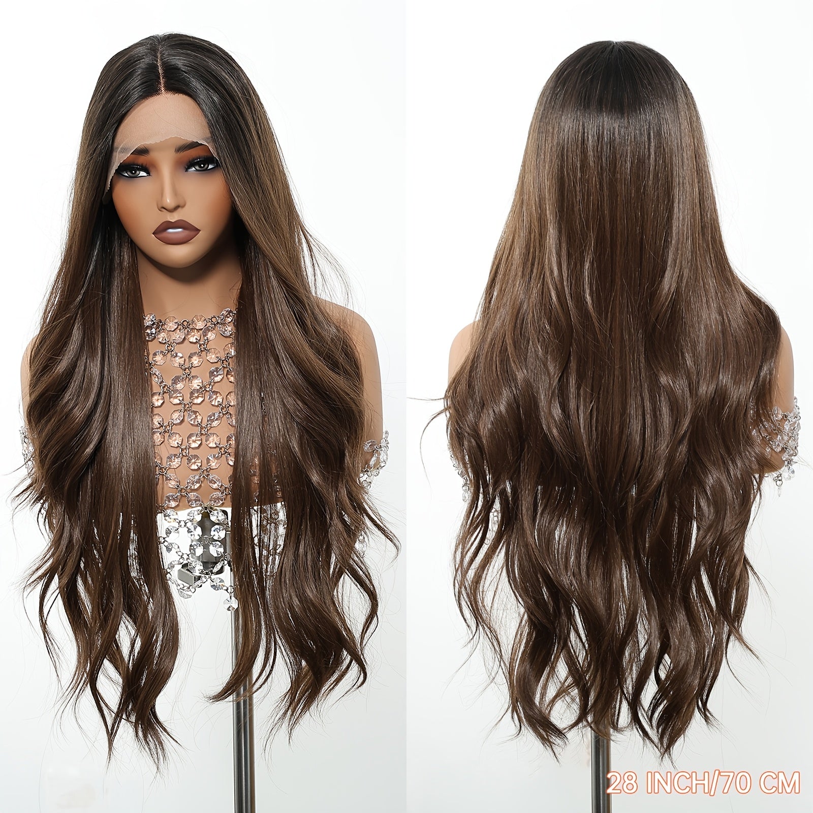 Elegant Body Wave 28-Inch 13x6 HD Transparent Lace Front, Pre-Plucked Glueless Brunette Brown Wig