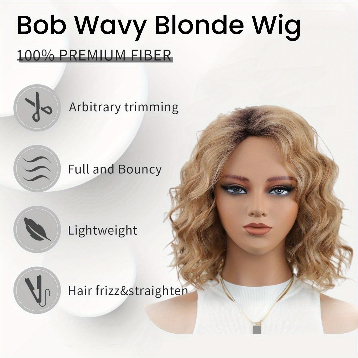 12" Ombre Blonde Wavy Bob Wig for Women - Mid-Length Layered Synthetic Wig with Dark Roots