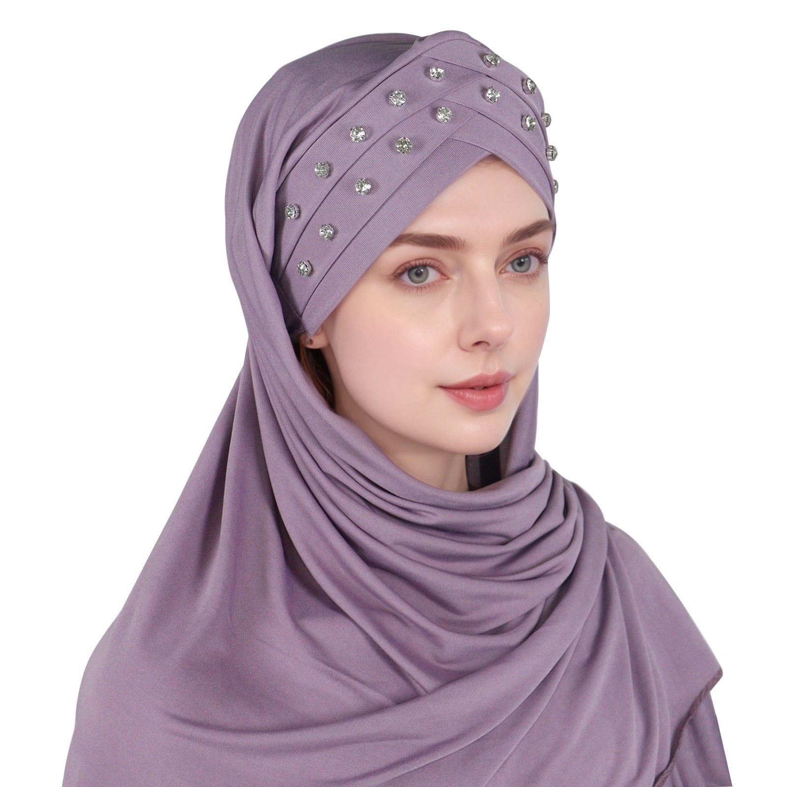 1pc Elegant Women's Polyester Hijab Scarf with Crystal Embellishments, Forehead Cross Design, Fashionable Long Shawl Head Wrap for All Seasons, Head Scarf