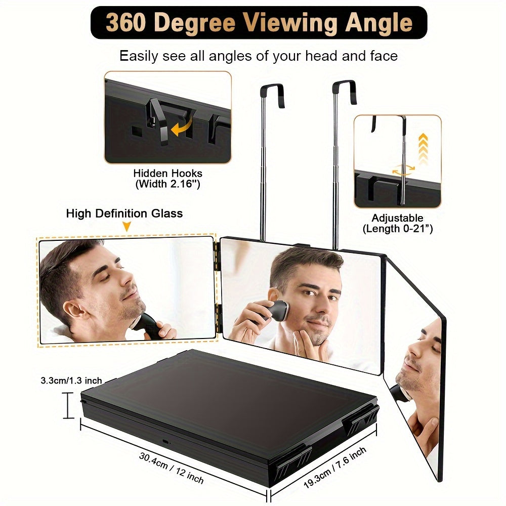 360-Degree Viewing Angle Hair Cutting Mirror, 3-Way Self Haircut Mirror with Clear Anti-Fog HD Glass, USB Rechargeable, Plastic Frame, Valentine's Day Gift, Valentine's Day Gift