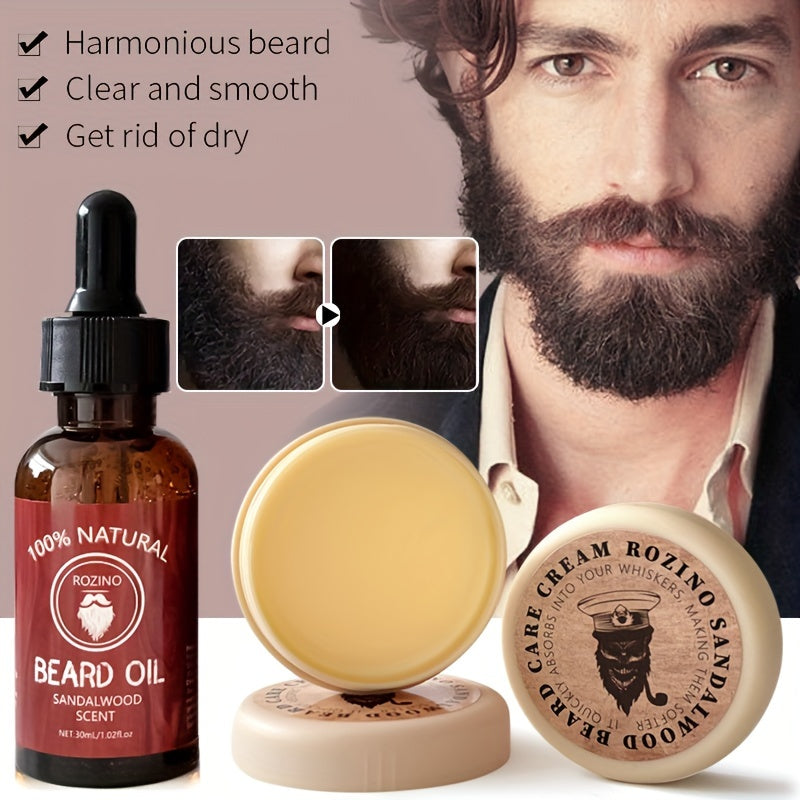 ROZINO 3pcs Beard Care Set: 100% Natural Sandalwood Scented Cream, Moisturizing Serum & Balm - Hypoallergenic, Deep Cleansing & Nourishing, Easy to Use for a Shiny, Healthy Beard, Beard Grooming Kit