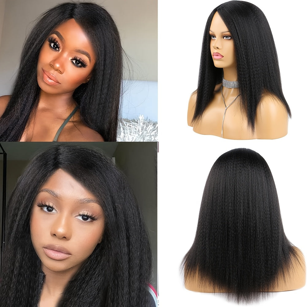 14-Inch Thick Yaki Straight Fluffy Wig for Women - Kinky Afro Hair Replacement with Natural Look & Feel, Perfect for Parties and Cosplay