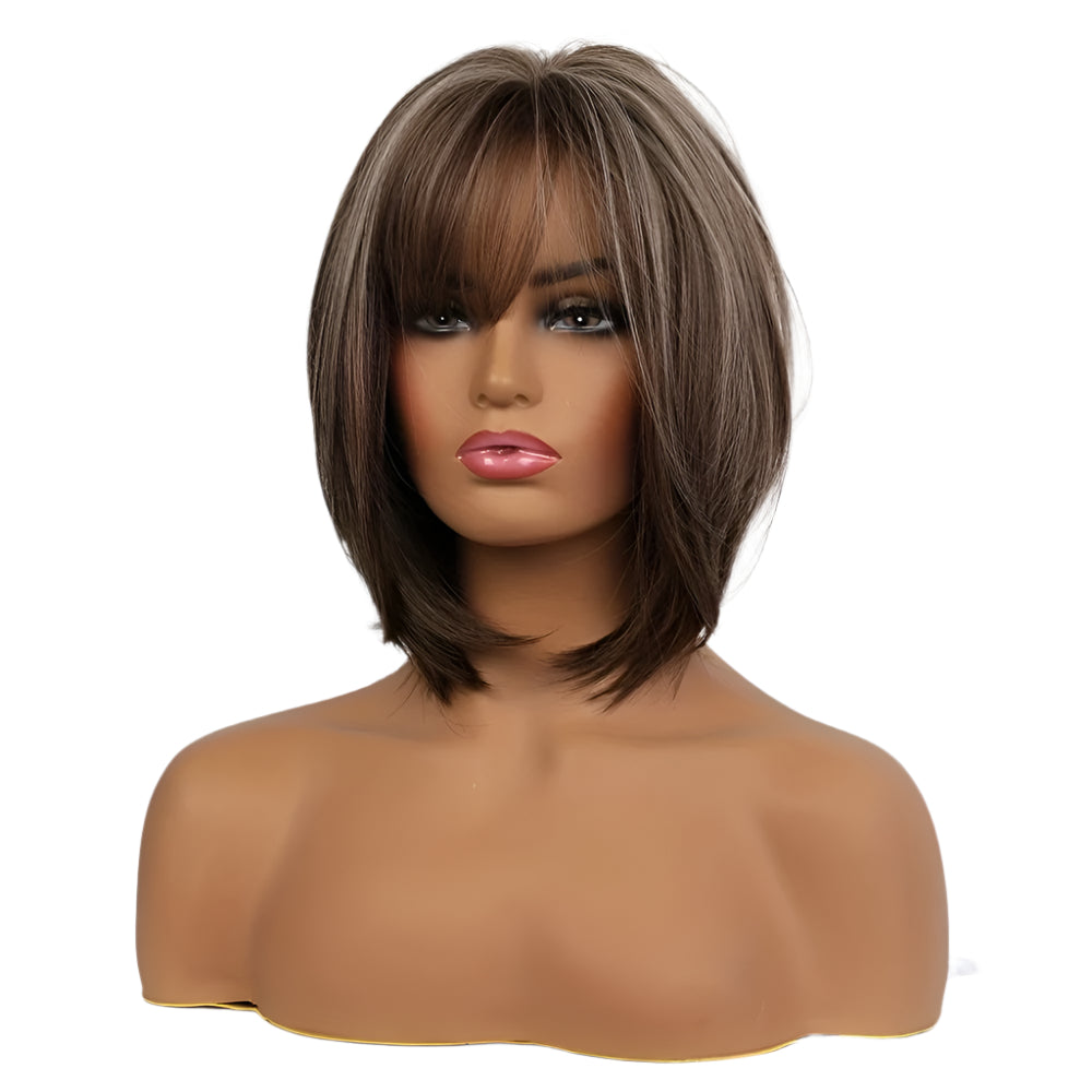 Brown  Highlighted Bob Wig with Bangs for Women