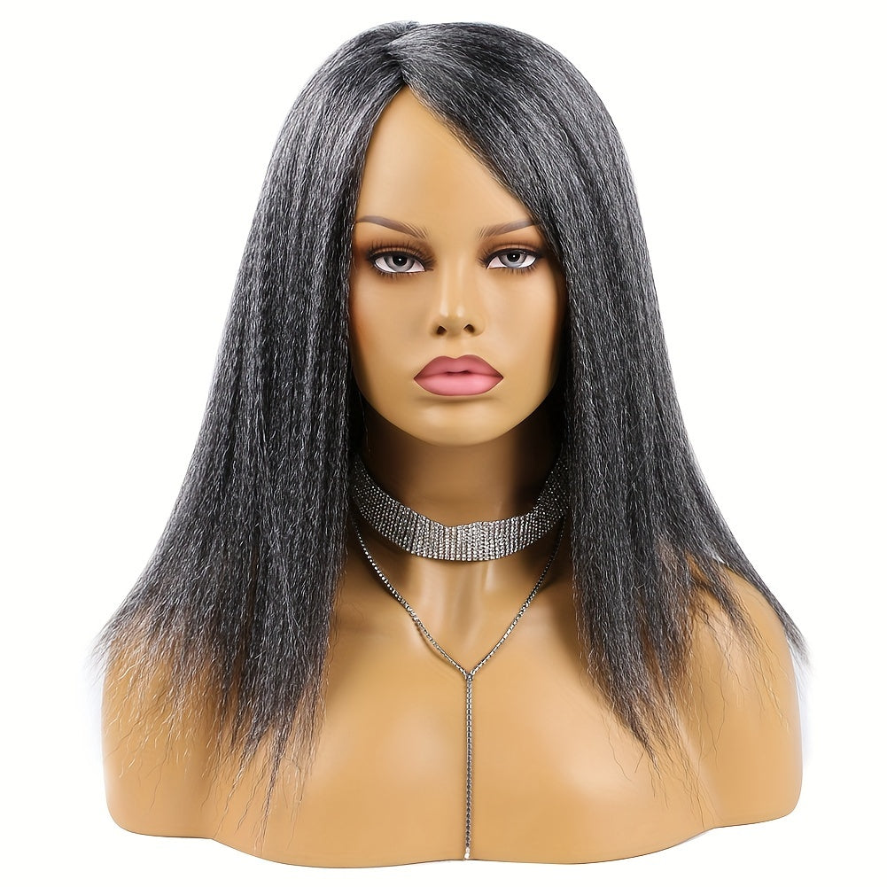 180% Density Elegant Yaki Straight Wig for Women, Synthetic Kinky Afro Hair, Medium Length 14inch, Elastic Net Cap, Natural Look, Suitable for African Women