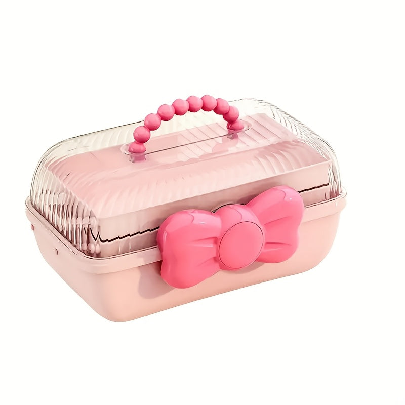Chic Bow-Adorned 3-Layer Hair Accessory Organizer - Large, Lockable & Foldable Storage Box for Girls