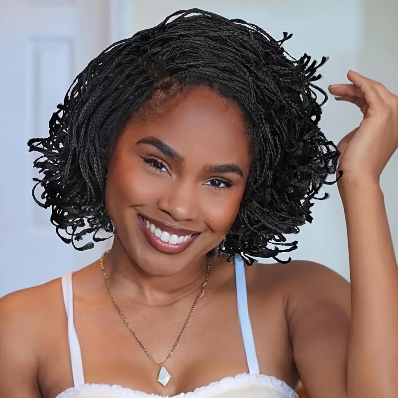 Women'S 14 Inch Afro Curly Kinky Synthetic Wig with Full Lace Closure - Basic Style, 130% Density, Normal Temperature Fiber, Natural Handmade Box Braids, Crochet Hair for Everyday Use - Suitable for All Double Lace Large Part