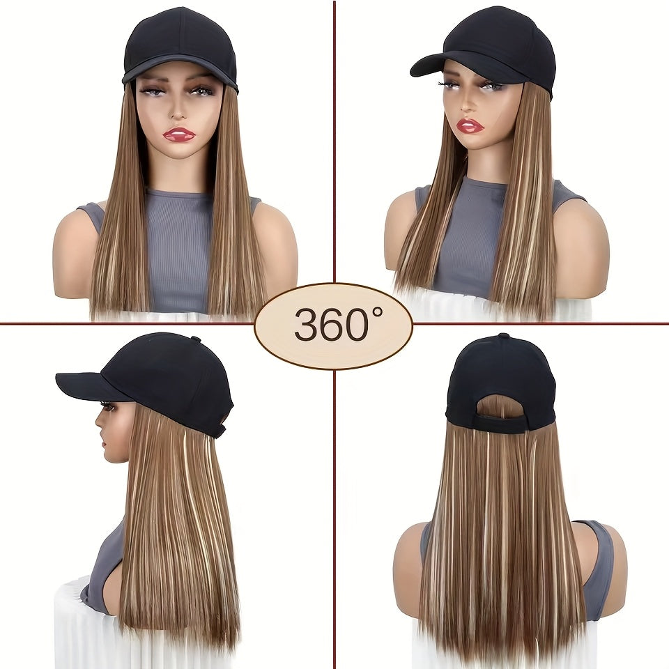 A Women'S Cross-Border Wig Baseball Cap Featuring Long Straight Hair Made of High-Temperature Synthetic Fibers, Available in Multiple Colors. This Wig Is Suitable for Outdoor Activities And Everyday Wear.