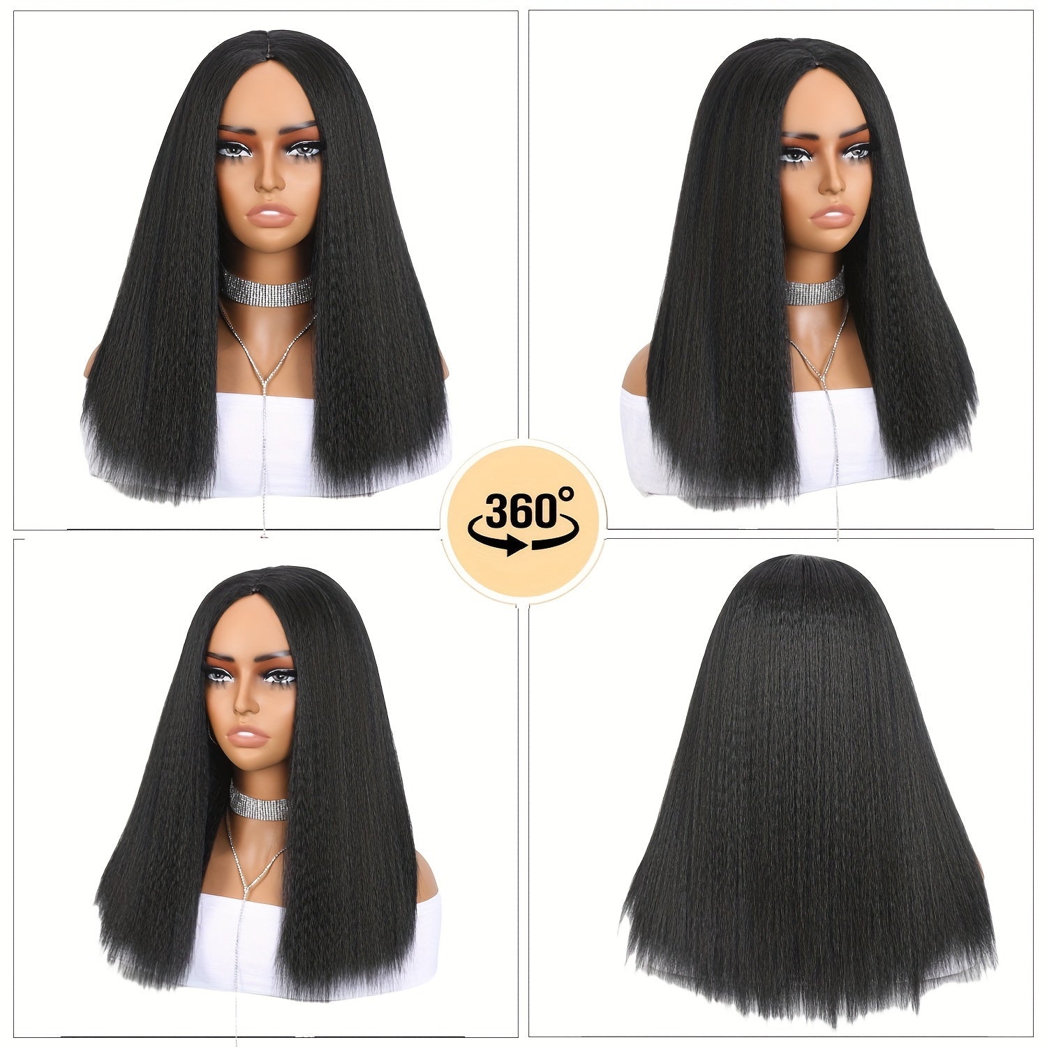 18 Inch Light Yaki Synthetic Black Bob Wig - Middle Part Shoulder Length Kinky Straight Short Bob Wig for Women