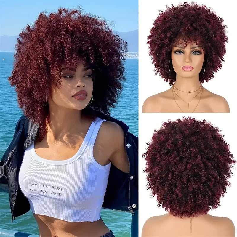 1pc High Temperature Fiber Unisex Afro Kinky Curly Wig, Glueless Rose Net Cap, Synthetic Short Hair with Bangs for Daily Wear