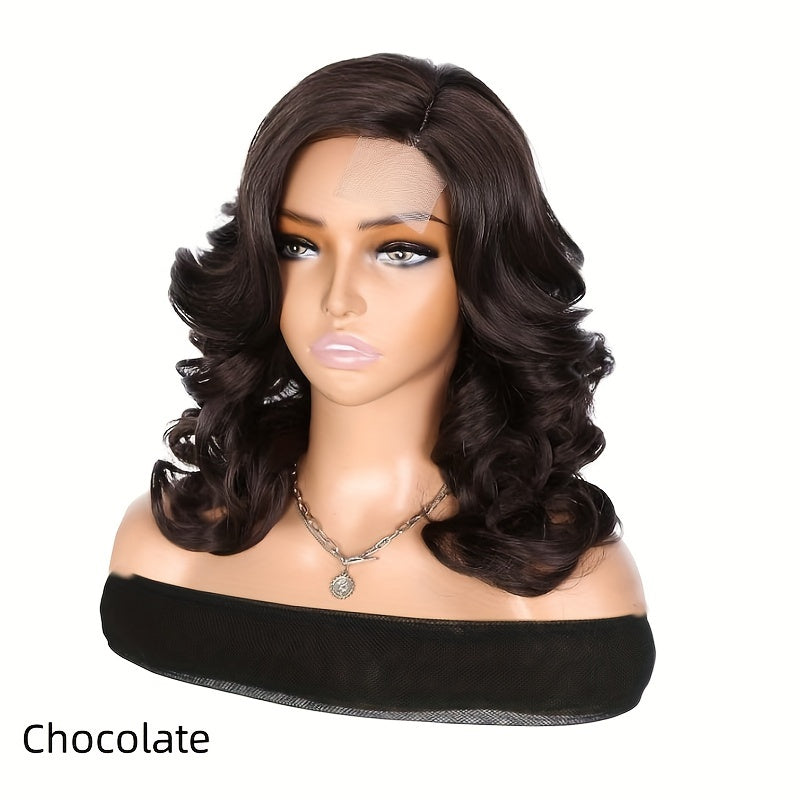 Stunning 16-Inch Loose Wave Bob Wig - High-Temperature Fiber Synthetic Curly Hair with 4x1 Lace Area for Secure Fit - Versatile Body Wave Style for Daily Wear and Glamorous Parties