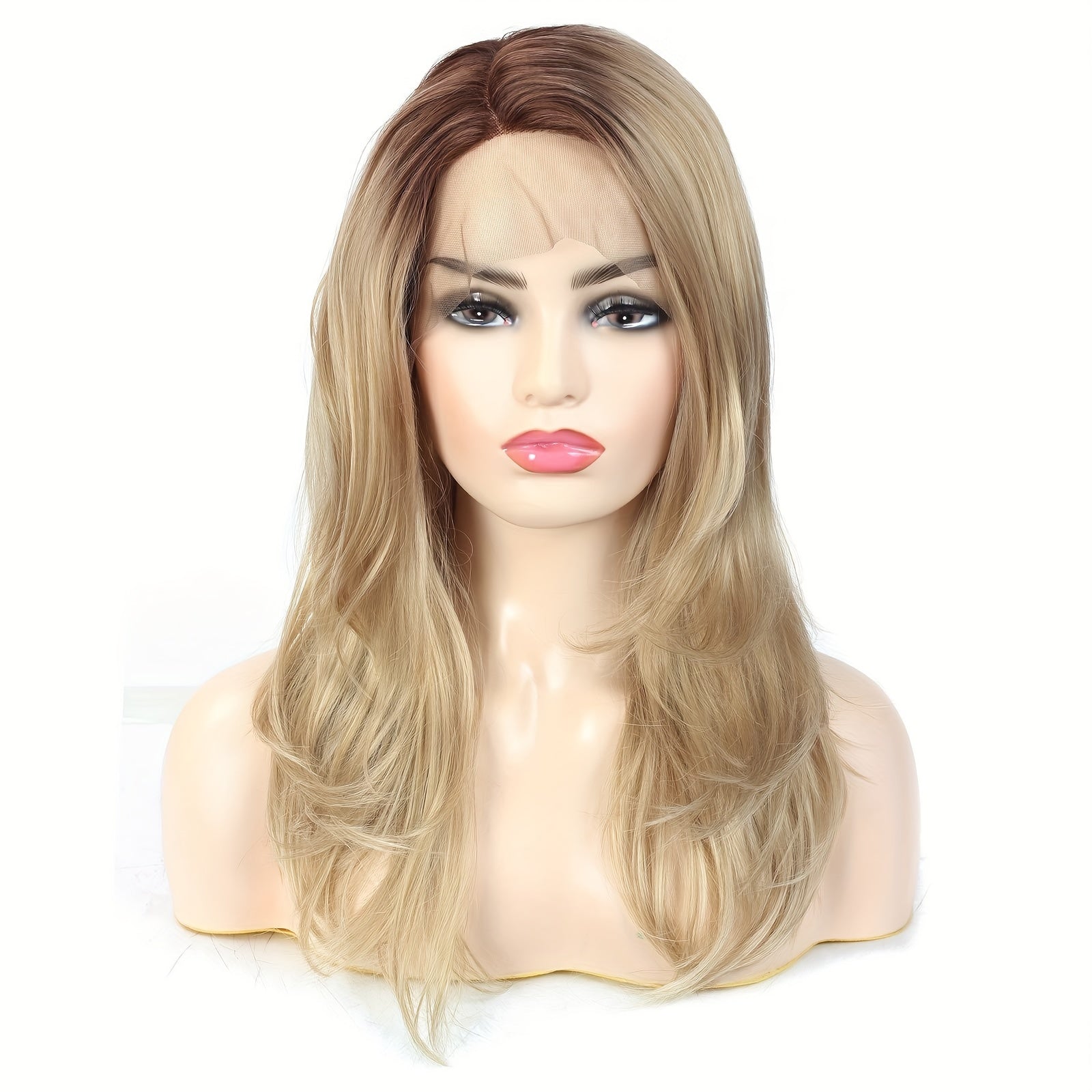 Elegant Lace Front Wig for Women, 20 Inch Ombre Blonde High-Temperature Fiber, 13x4 Inch Lace, 100% Density, Straight Synthetic Hair Wig with Brown Roots - Suitable for All