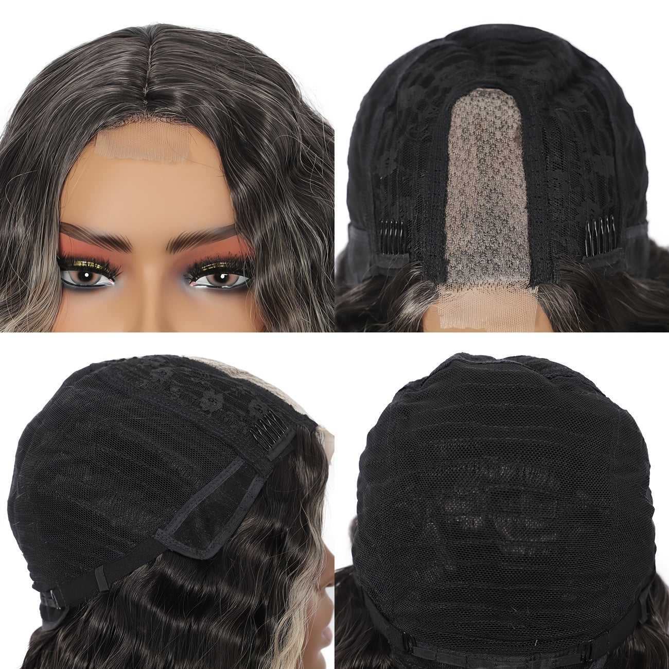 28" Long Water Wave Wig with Milk Grey & Natural Black Ombre - High-Density Synthetic Hair, Lace Front Design