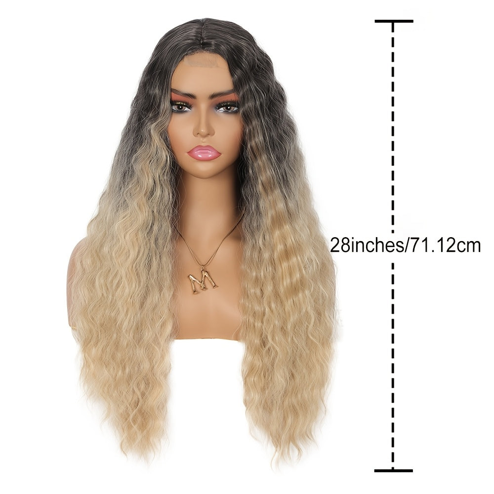 28" Long Water Wave Wig with Milk Grey & Natural Black Ombre - High-Density Synthetic Hair, Lace Front Design