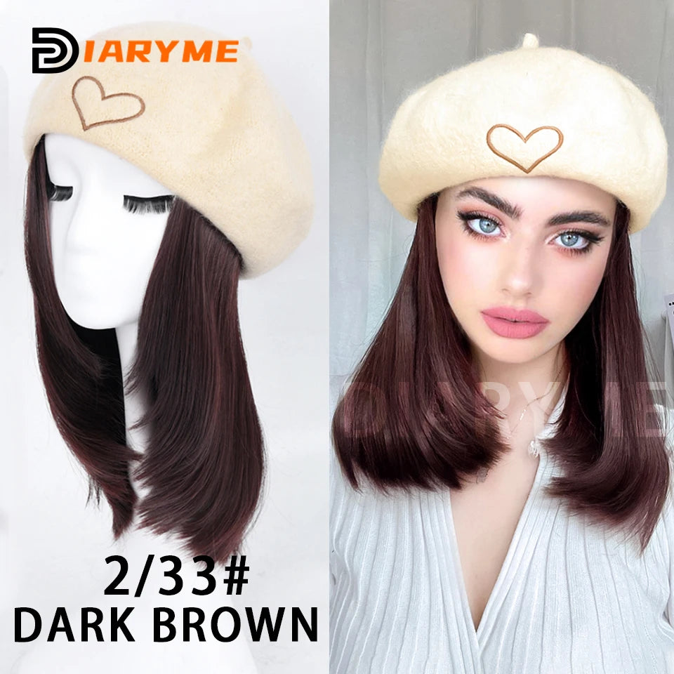 Straight Bob Hair Wig With Cap Beret Hat Wigs