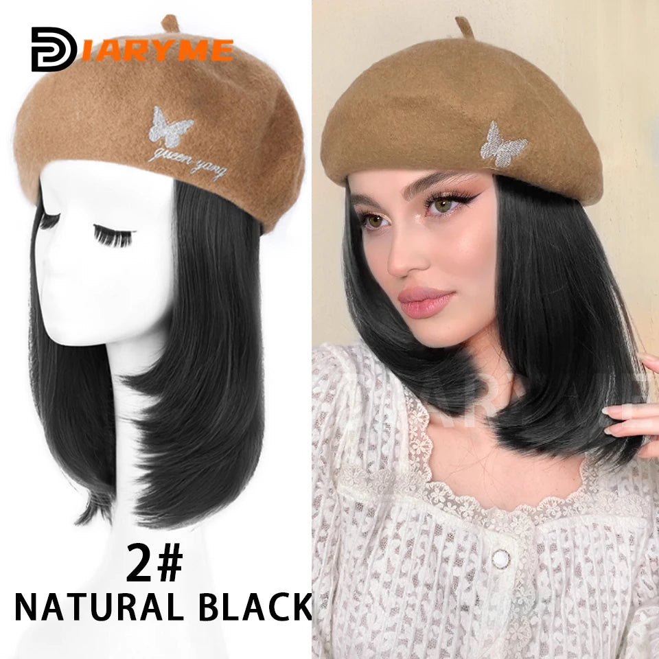 Straight Bob Hair Wig With Cap Beret Hat Wigs