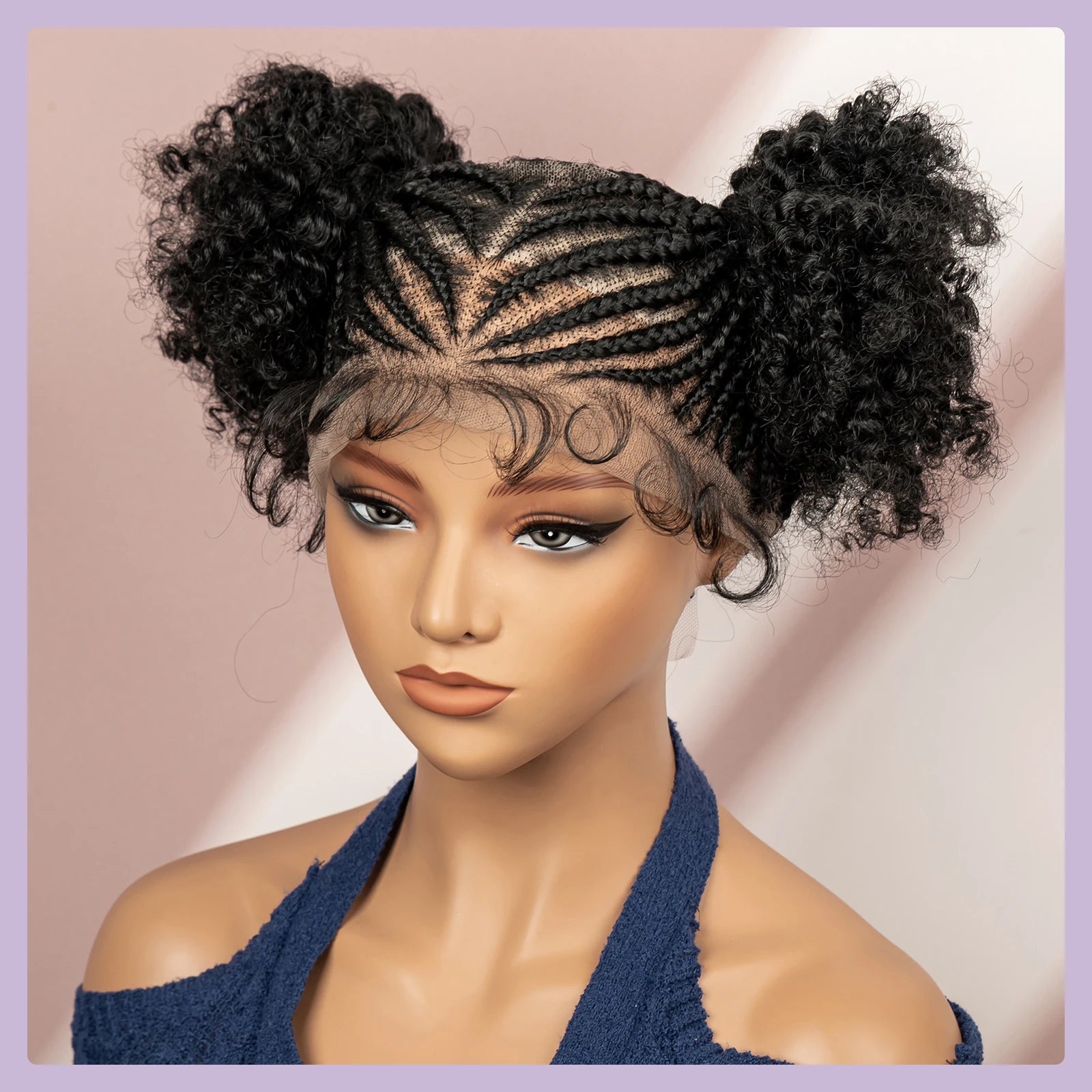 Afro Cornrow Braided Wigs 360 full Lace Twin Buns Braiding Hair Wig 6 Inches Short Afro Curly Wig