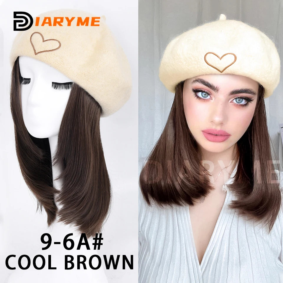 Straight Bob Hair Wig With Cap Beret Hat Wigs