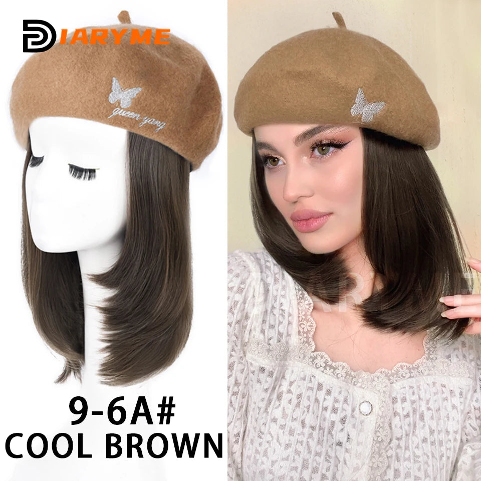 Straight Bob Hair Wig With Cap Beret Hat Wigs