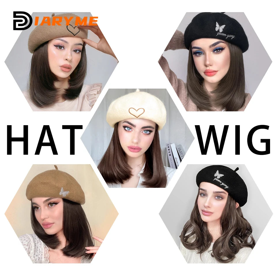 Straight Bob Hair Wig With Cap Beret Hat Wigs