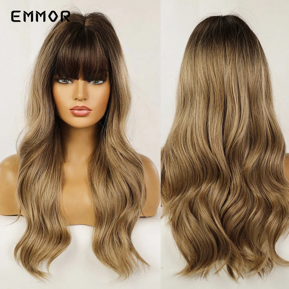 Ombre brown to Light Blonde Hair Wig with Bangs