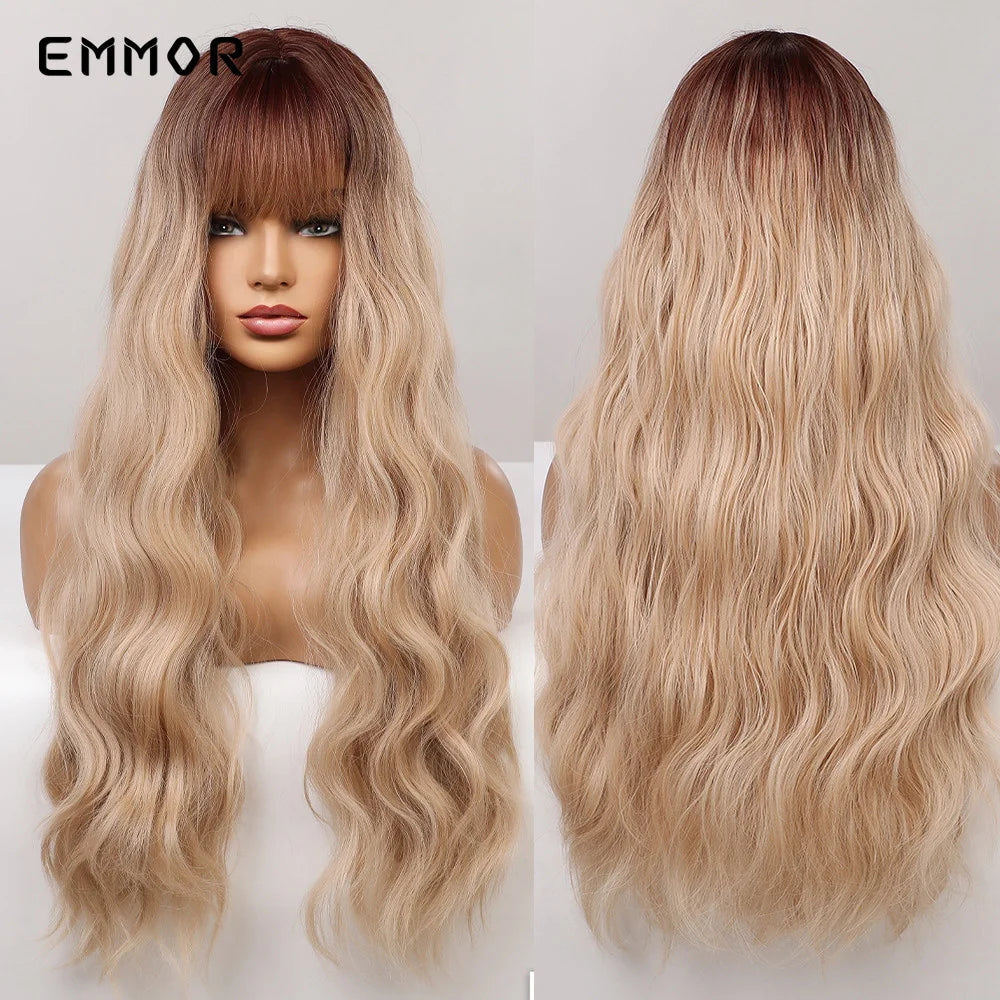 Ombre Brown Synthetic Water Wavy Wigs With bang