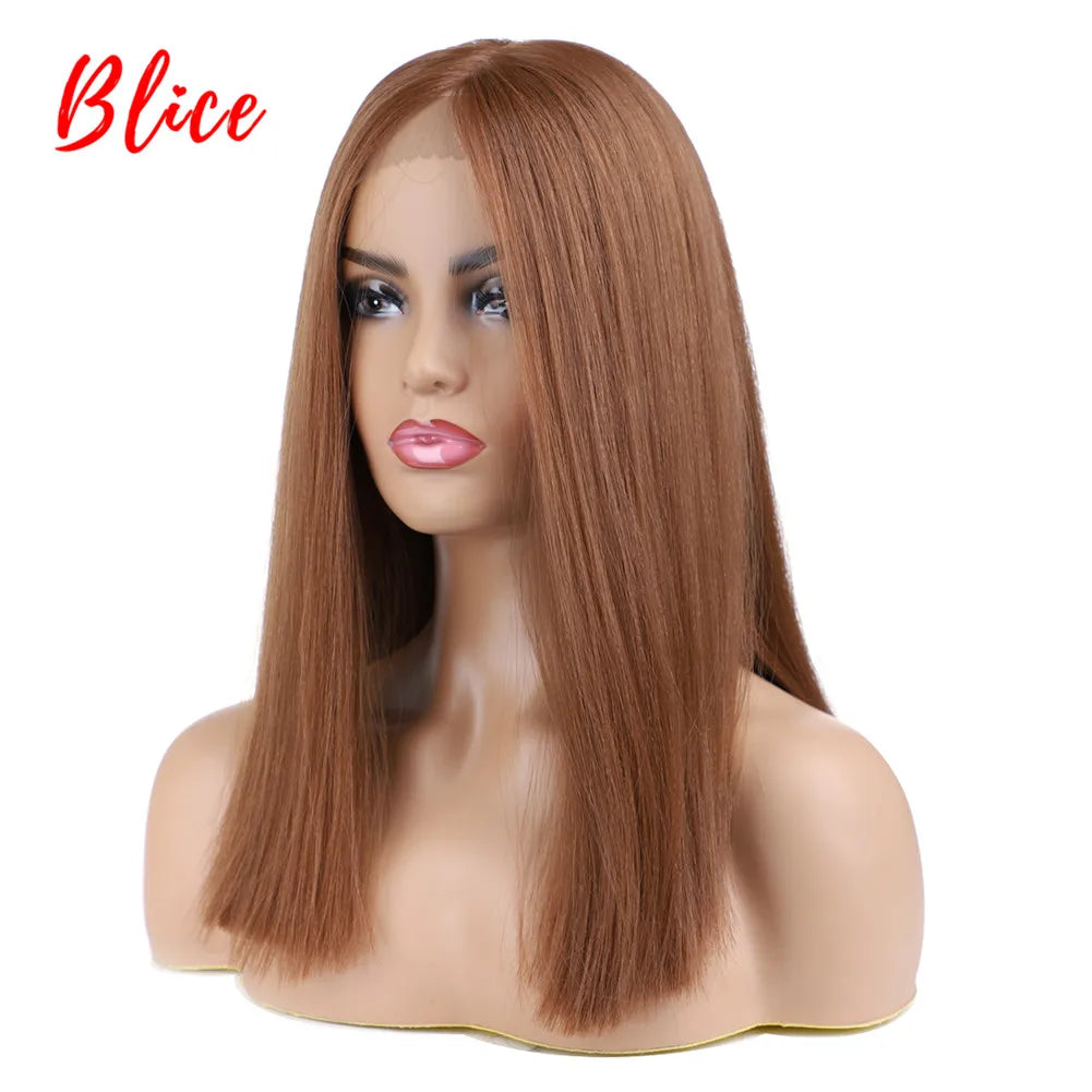 Blice Short Bob Lace Front Synthetic Hair Wigs Yaki Straight Middle Part Wig for Women Brown All Color Available