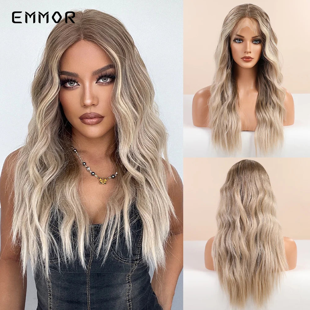 Emmor-Synthetic T-Part Lace Wig for Women, Long Wavy Ombre, Light Blonde to Brown, Fashion Side Part Nature, Daily Wigs