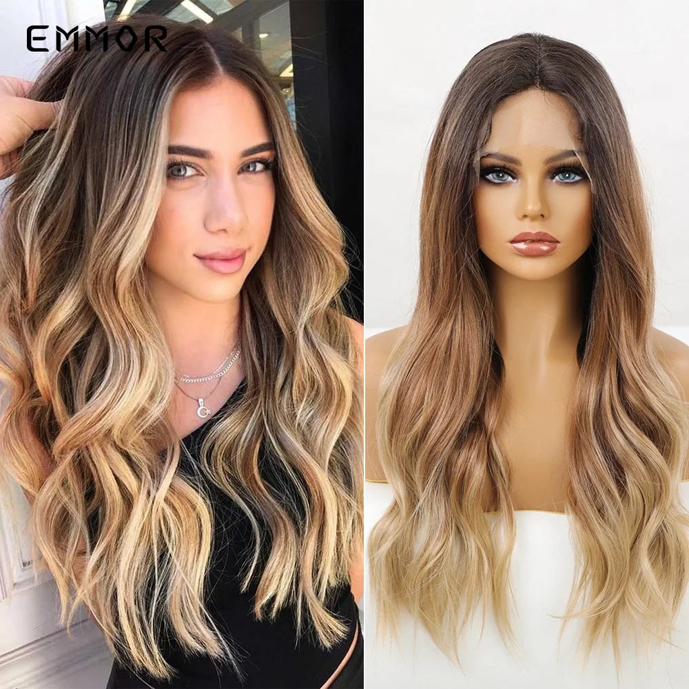 Emmor-Synthetic T-Part Lace Wig for Women, Long Wavy Ombre, Light Blonde to Brown, Fashion Side Part Nature, Daily Wigs