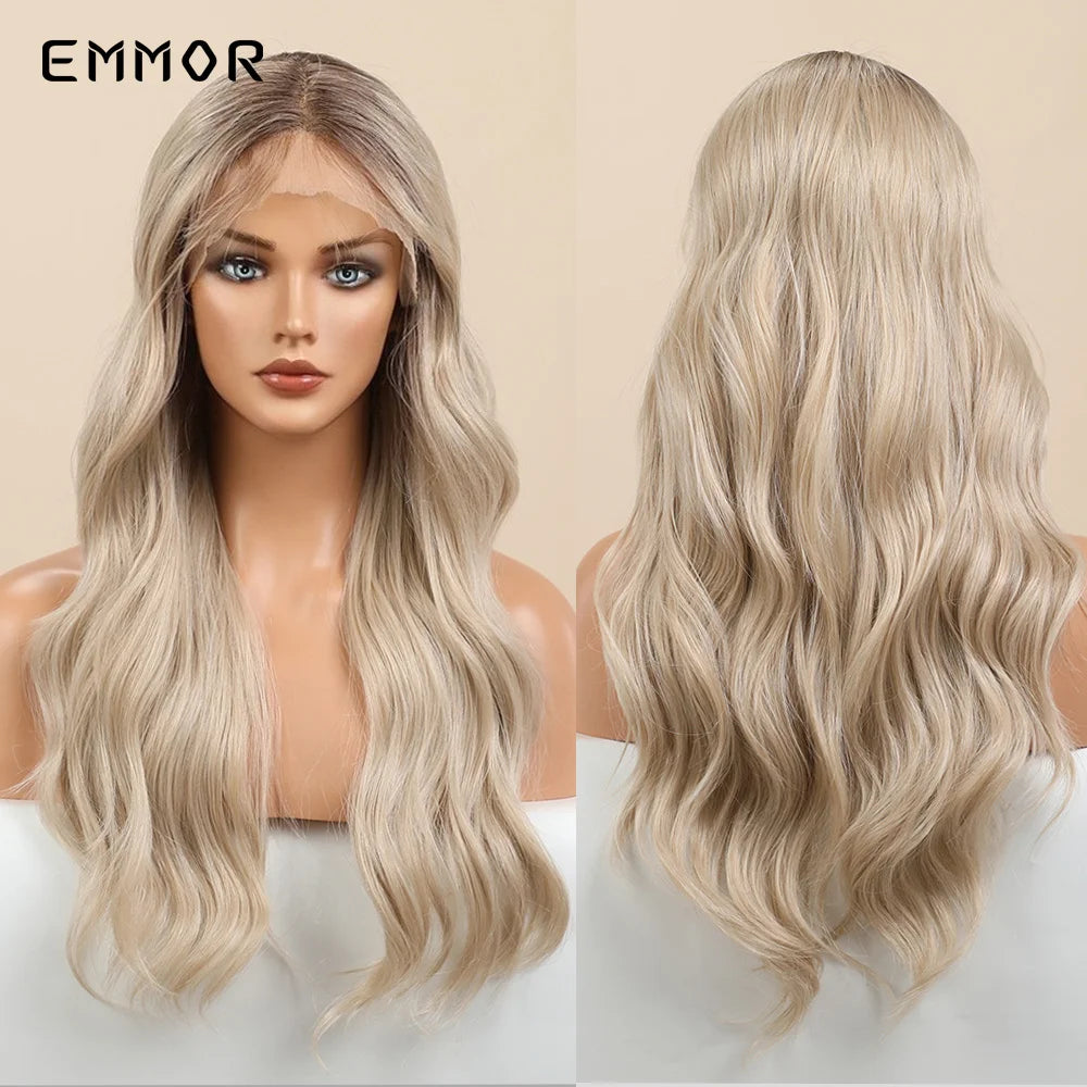 Emmor-Synthetic T-Part Lace Wig for Women, Long Wavy Ombre, Light Blonde to Brown, Fashion Side Part Nature, Daily Wigs