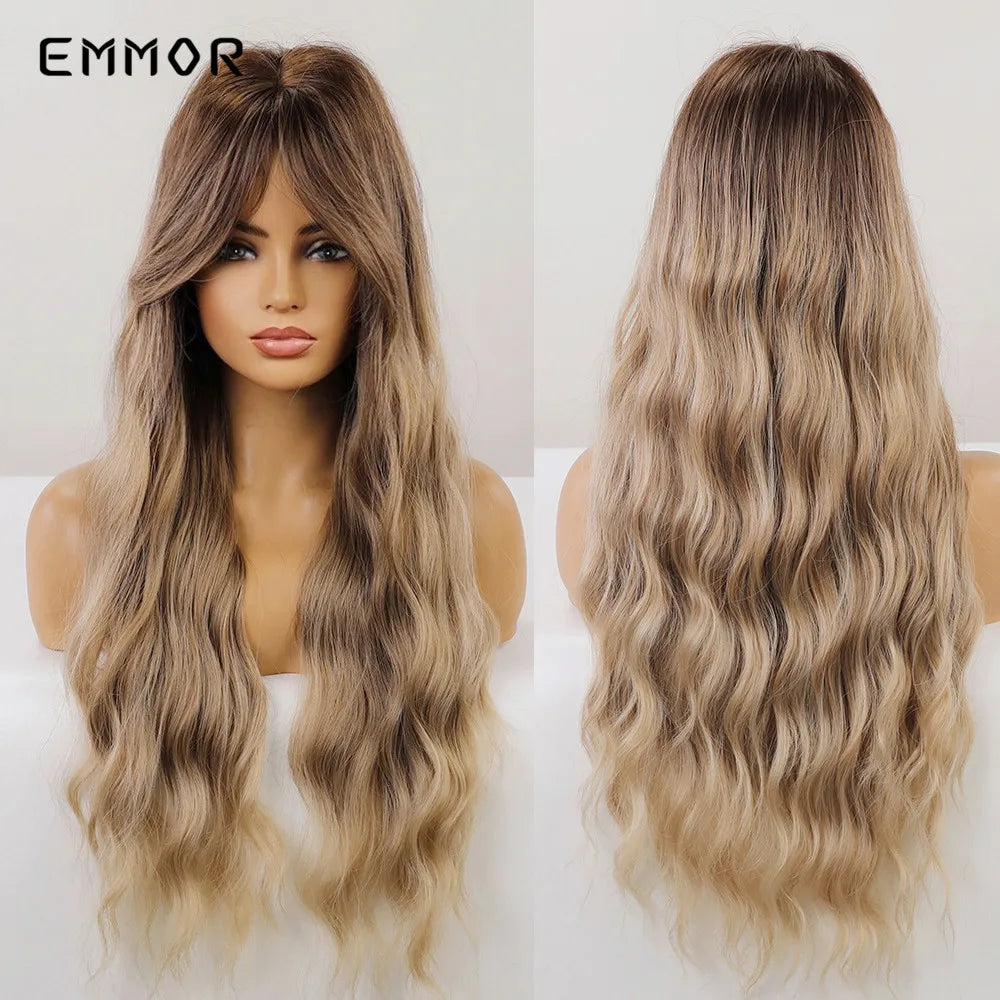 Ombre Brown Synthetic Water Wavy Wigs With bang