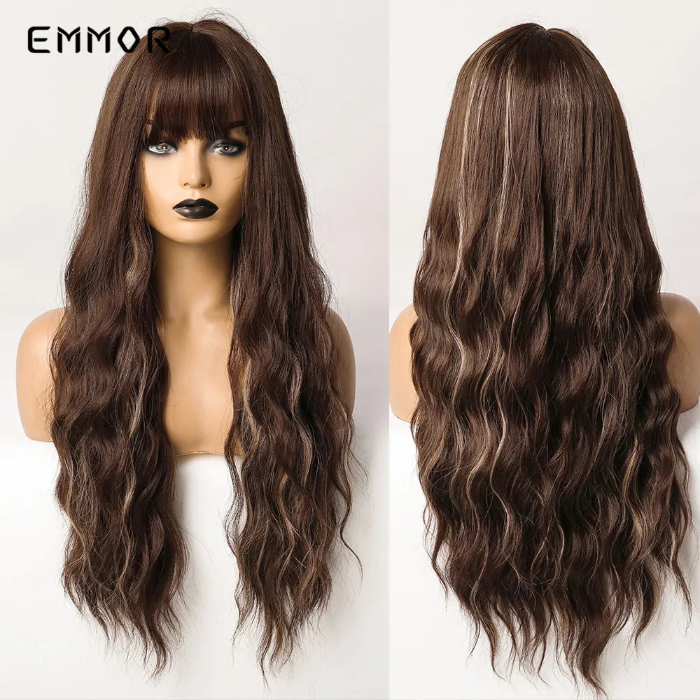 Ombre Brown Synthetic Water Wavy Wigs With bang