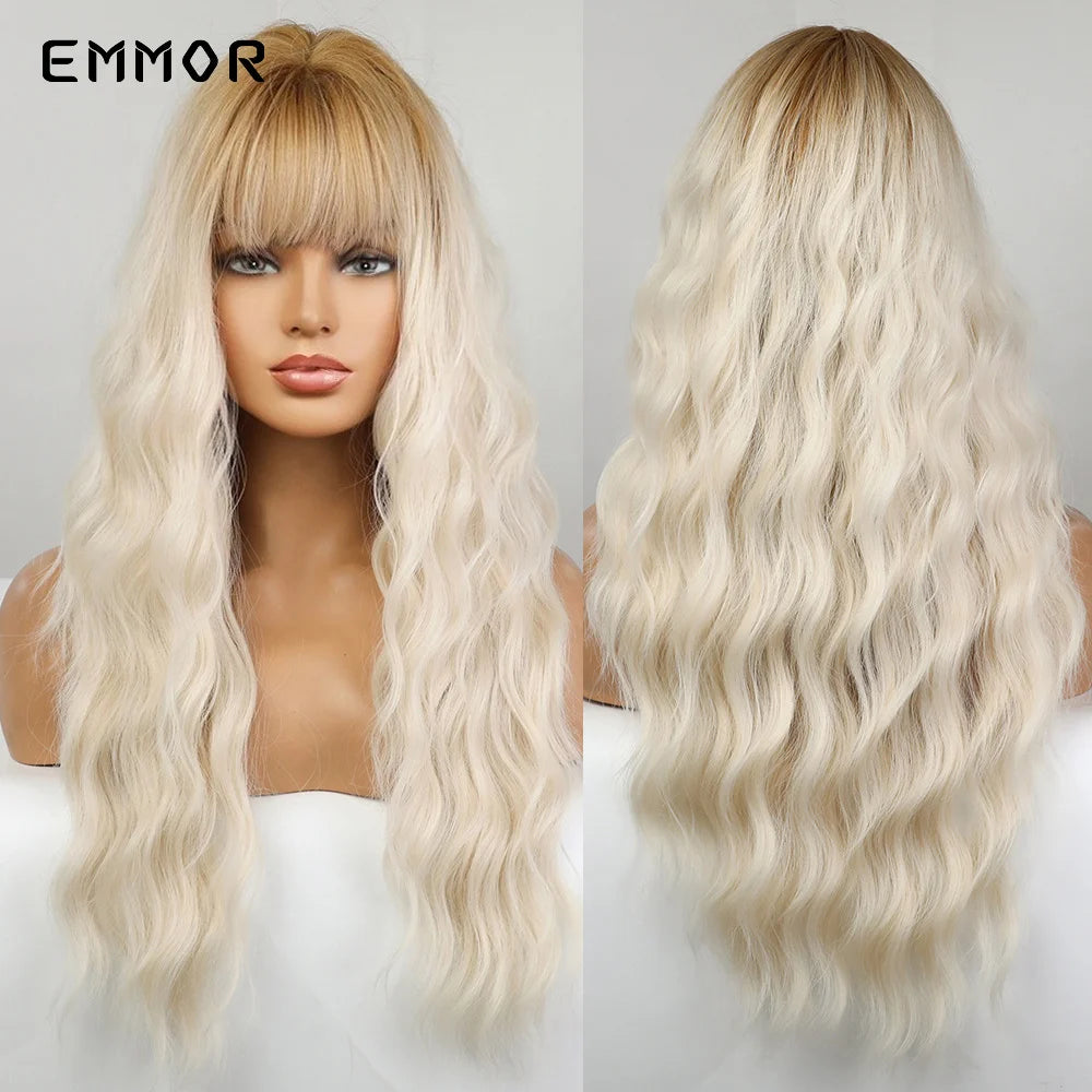 Ombre Brown Synthetic Water Wavy Wigs With bang