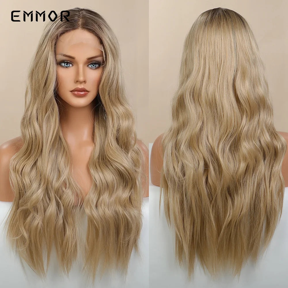 Emmor-Synthetic T-Part Lace Wig for Women, Long Wavy Ombre, Light Blonde to Brown, Fashion Side Part Nature, Daily Wigs