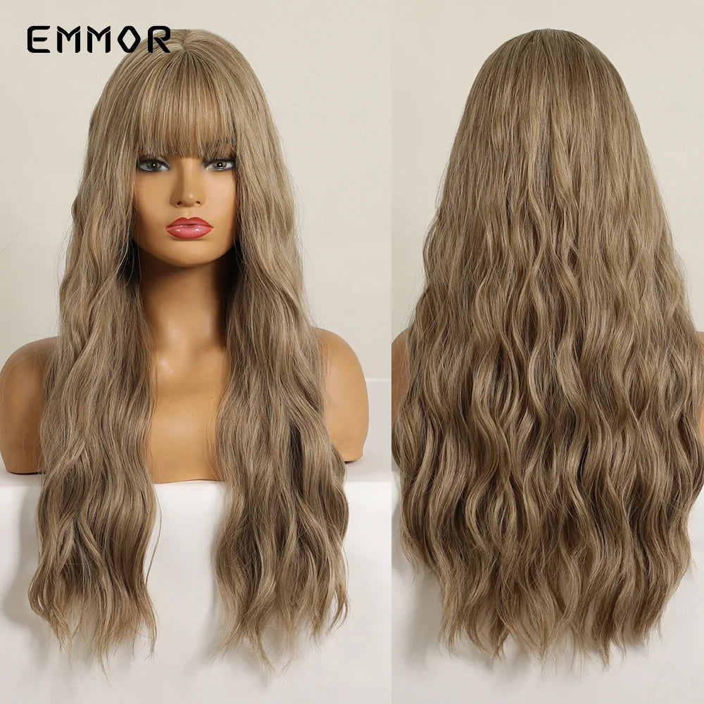 Ombre Brown Synthetic Water Wavy Wigs With bang