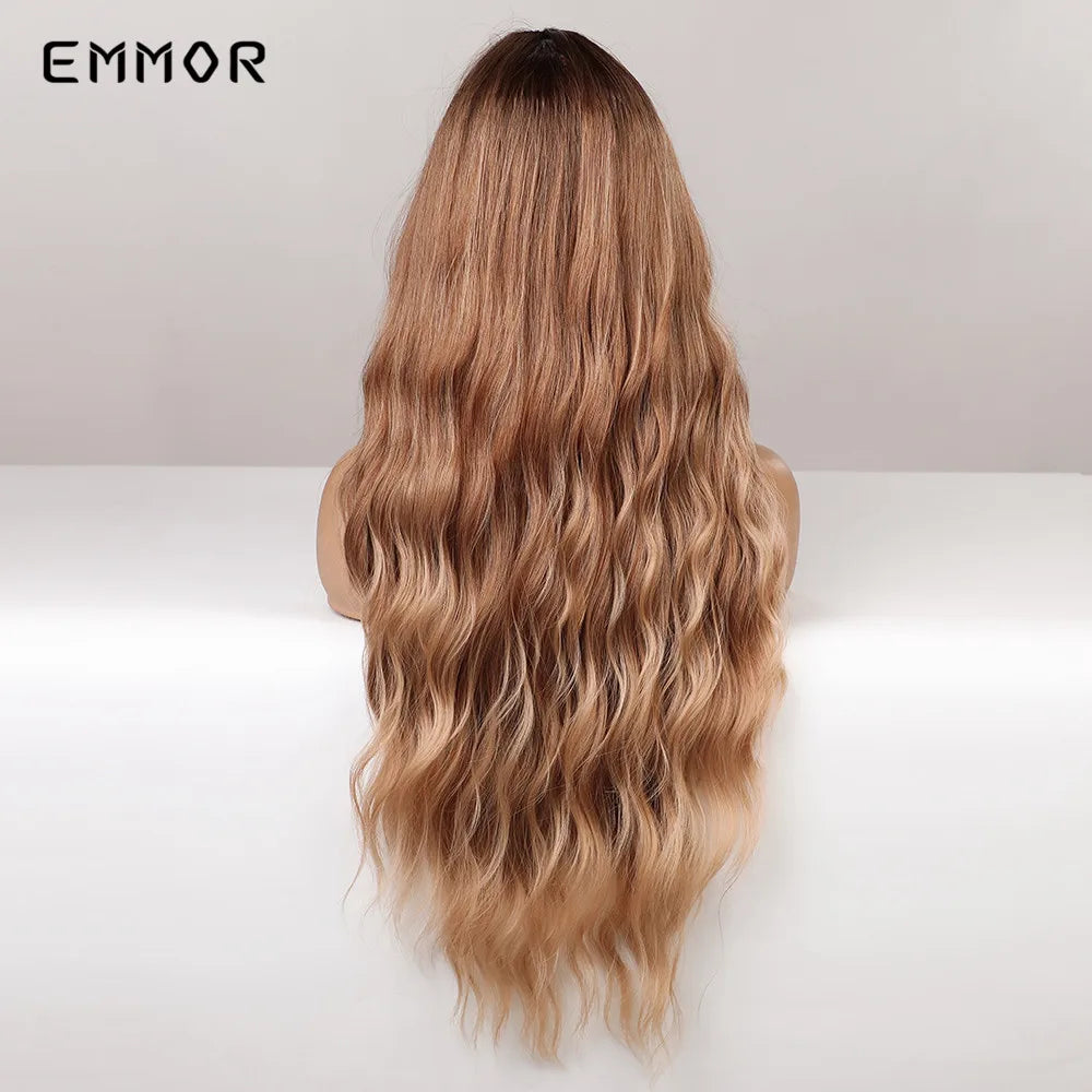 Ombre Brown Blonde Synthetic Water Wavy Wig with bang