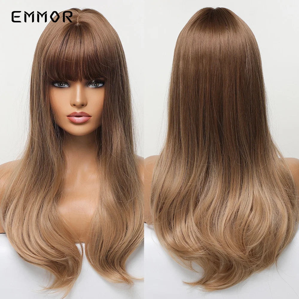 Ombre brown to Light Blonde Hair Wig with Bangs